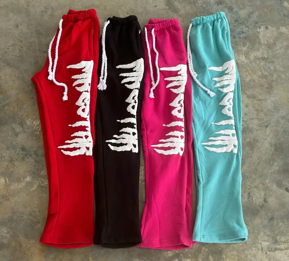 30MOQ Dongguan Classic High Quality Puff Print Stack Track Sweatpants Jogger 100% Cotton Flare Sweat Pants Men