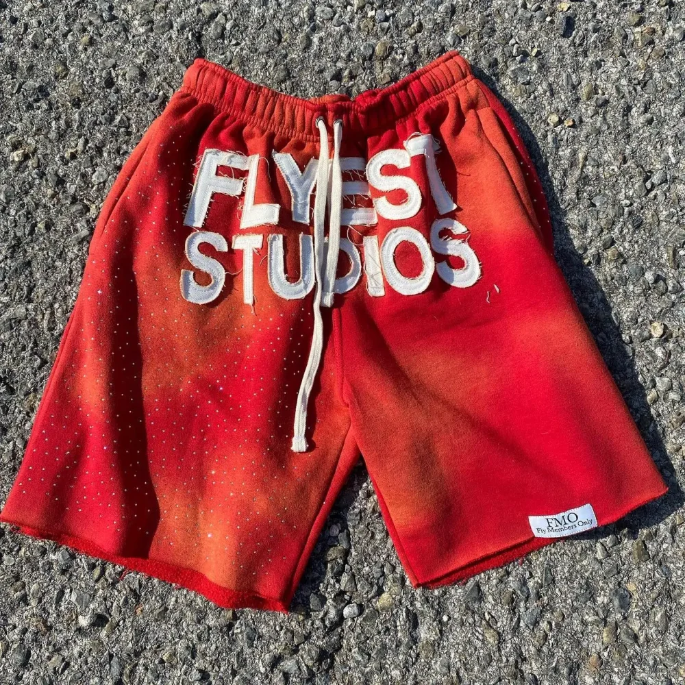 Cotton Running Sports Wear Summer Men's Shorts Rhinestone High Street Acid Wash Short Pants Drawstring Embroidery Sweat Shorts - Image 2