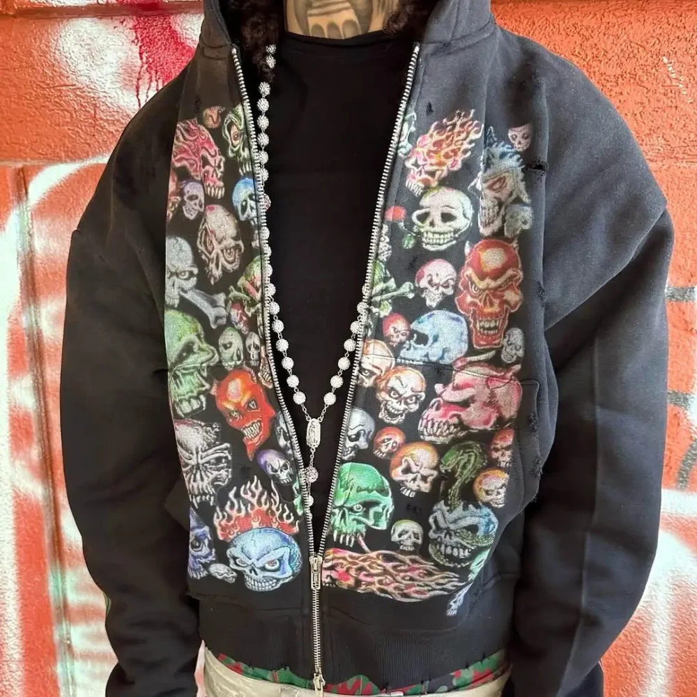 100% cotton regular fit  Streetwear  Half Zip Heavyweight DTG Print with  Flame and skull Men's Hoodie - Image 4