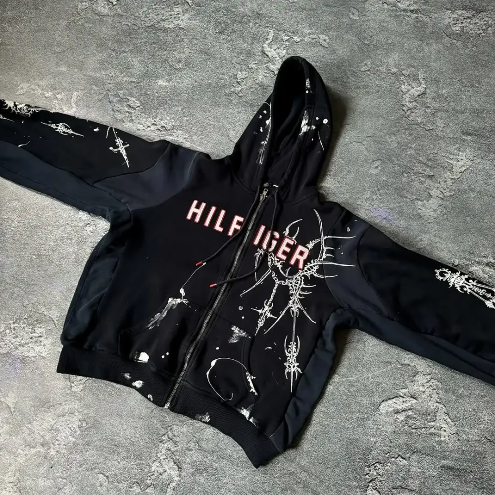100% cotton  Men's Patchwork Hoodie in Street Style Half Zipper Heavyweight of 400 Grams with Screen Print - Image 5