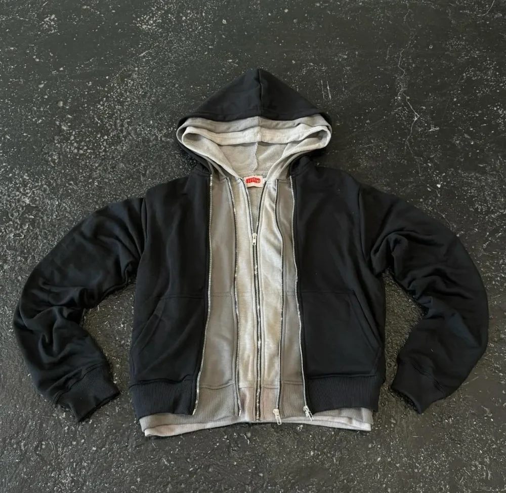 Color Block Three Layered Cut and Sew 500GSM Heavy Cotton Oversized Plain Blank Heavyweight Triple Zip up Hoodies for Men - Image 4