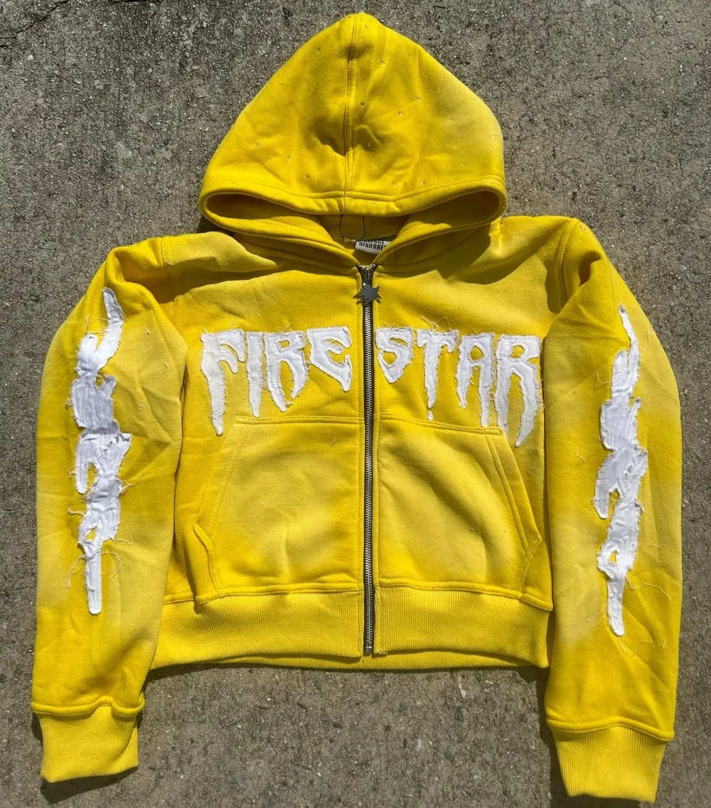 Embroidery 100% Cotton Full Zip up French Terry High Quality Acid Washed Woven Tag Rhinestone Men Hoodies - Image 3