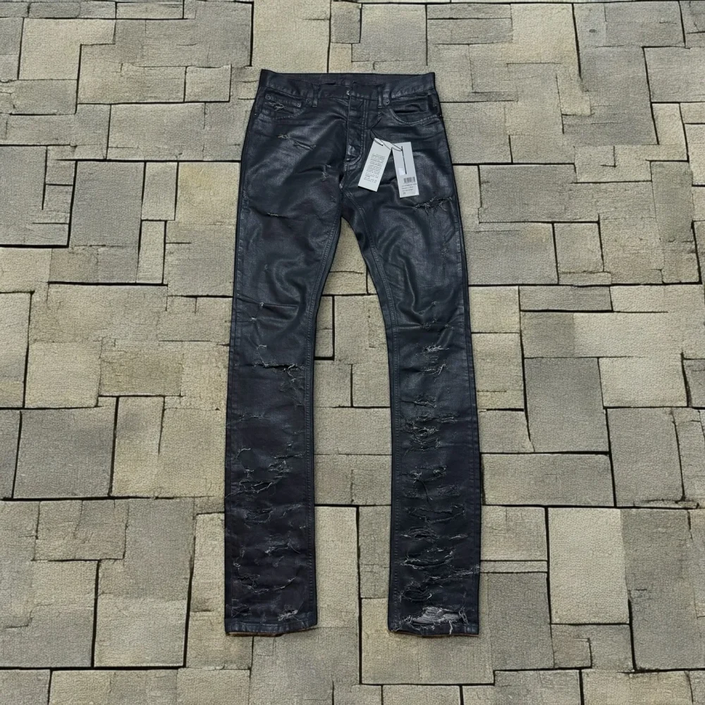 Dongguan Pockets Leather Ripped Heavyweight Distressed Slim Fit Acid Wash Drawstring Waist Track Pants Sweat Pants