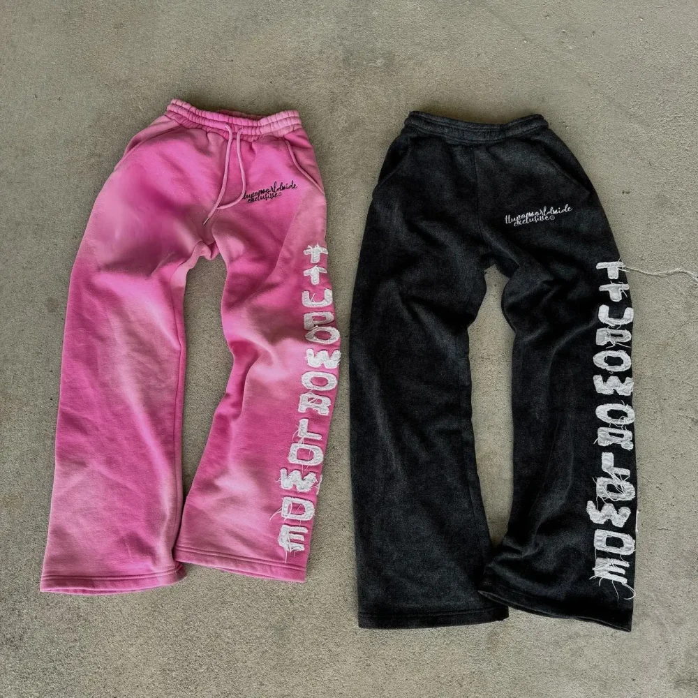 100% Cotton Training French Terry Embroidery Patch Heavyweight Elastic Waist Acid Wash Sun Faded Track Pants Sweat Pants - Image 5