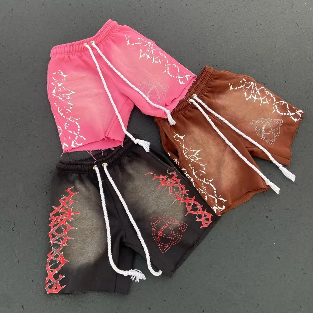 Cotton Running Sports Wear Summer Men's Shorts Screen Printing High Street Acid Wash Short Pants Drawstring Baggy Sweat Shorts - Image 2