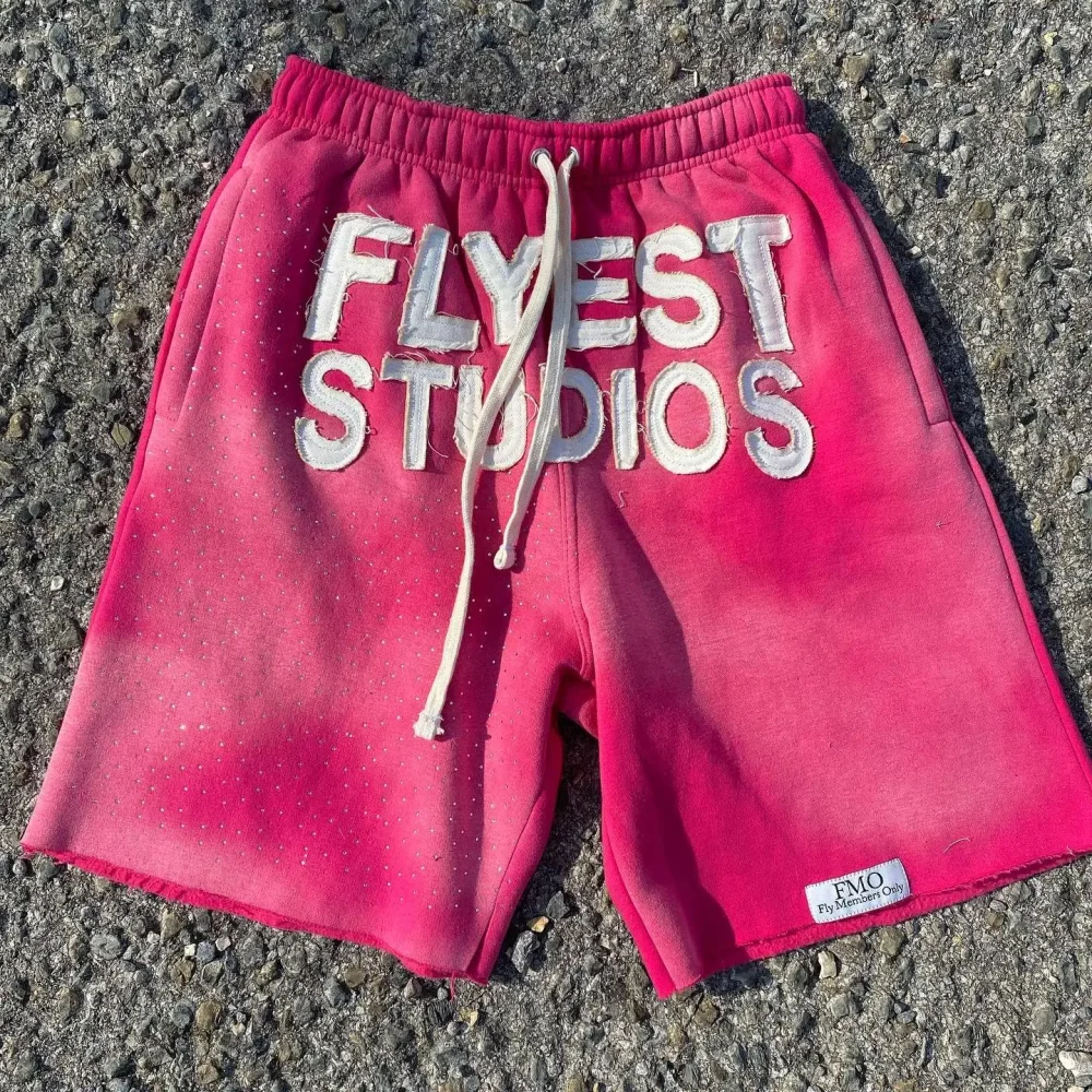 Cotton Running Sports Wear Summer Men's Shorts Rhinestone High Street Acid Wash Short Pants Drawstring Embroidery Sweat Shorts
