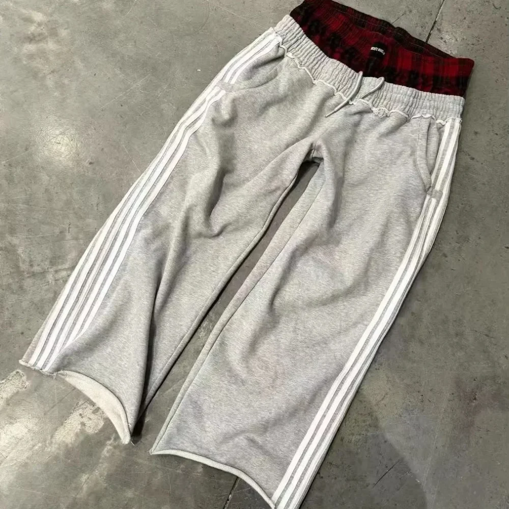 Double Waisted Loose Oversized Flared Pants Side Stripe Stacked Plaid Elastic Waist Closure High Waist Sweatpants - Image 4