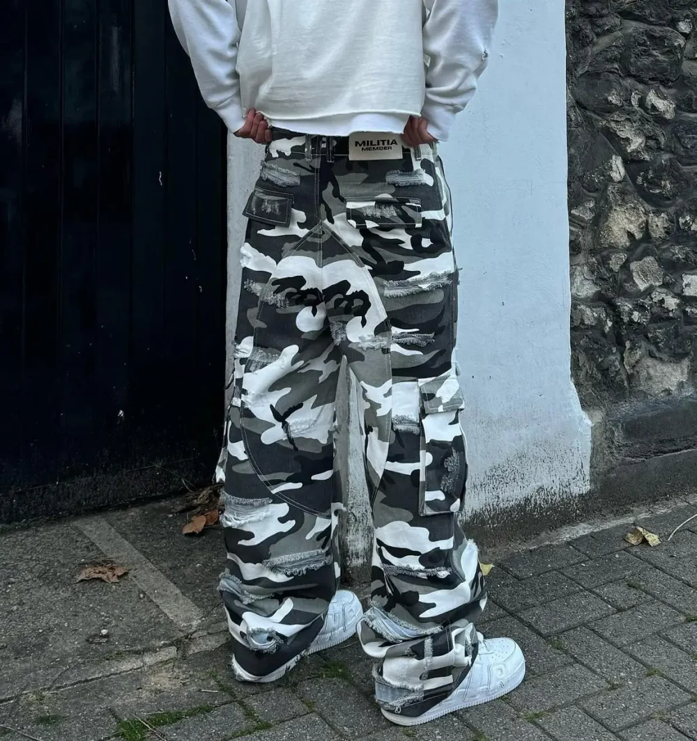 Distressed Ripped Outdoor Tactical Hunting  Working Camo Stacked Carpenter Men Camouflage Cavana Cargo Pants - Image 4
