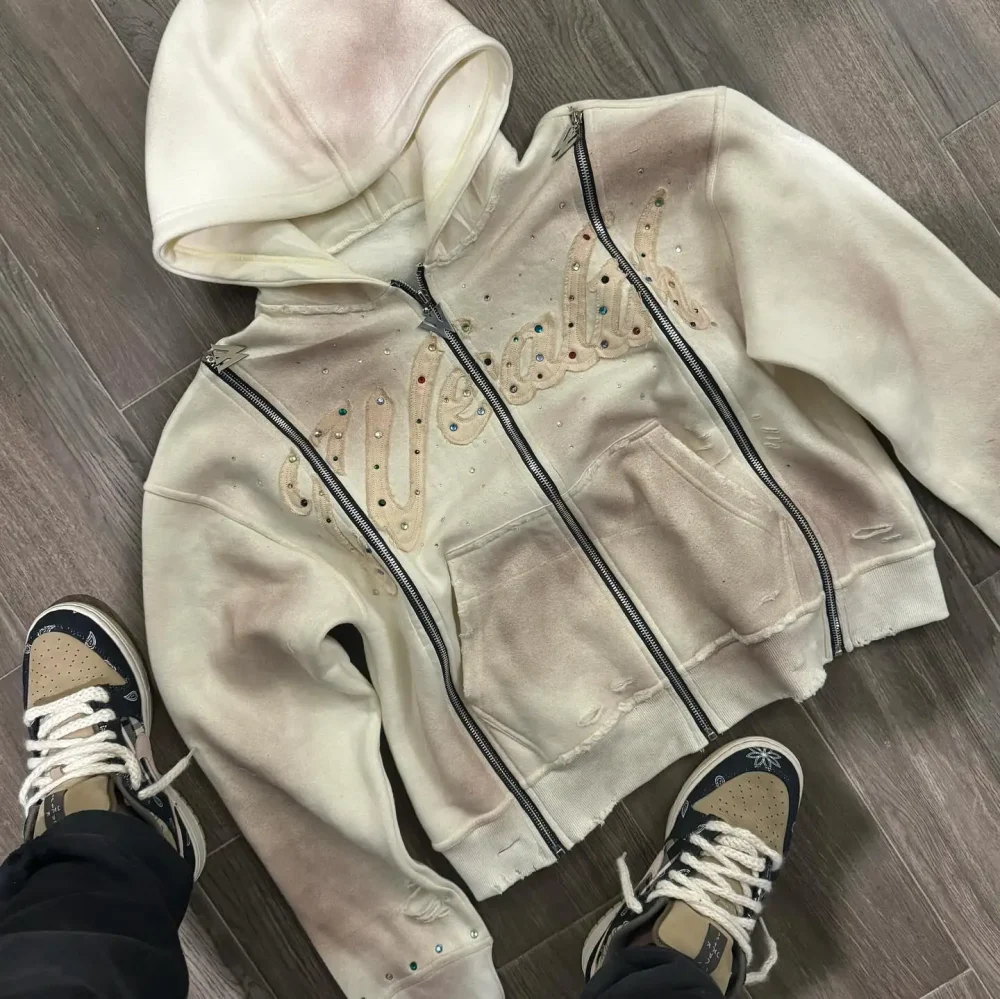 30MOQ High Quality 100%cotton Sun Faded Rhinestone Stone Wash  Men's Full Zip up Vintage Wash Print Acid Wash Hoodie - Image 4