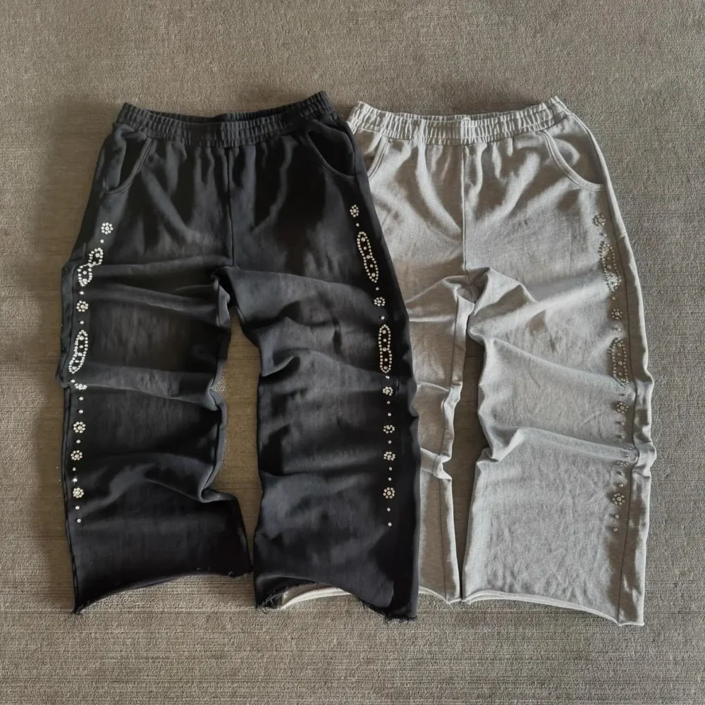 Dongguan High Quality Acid Washed Rhinestone Vintage Cotton Pants Sun Faded Distressed Pattern Worsted