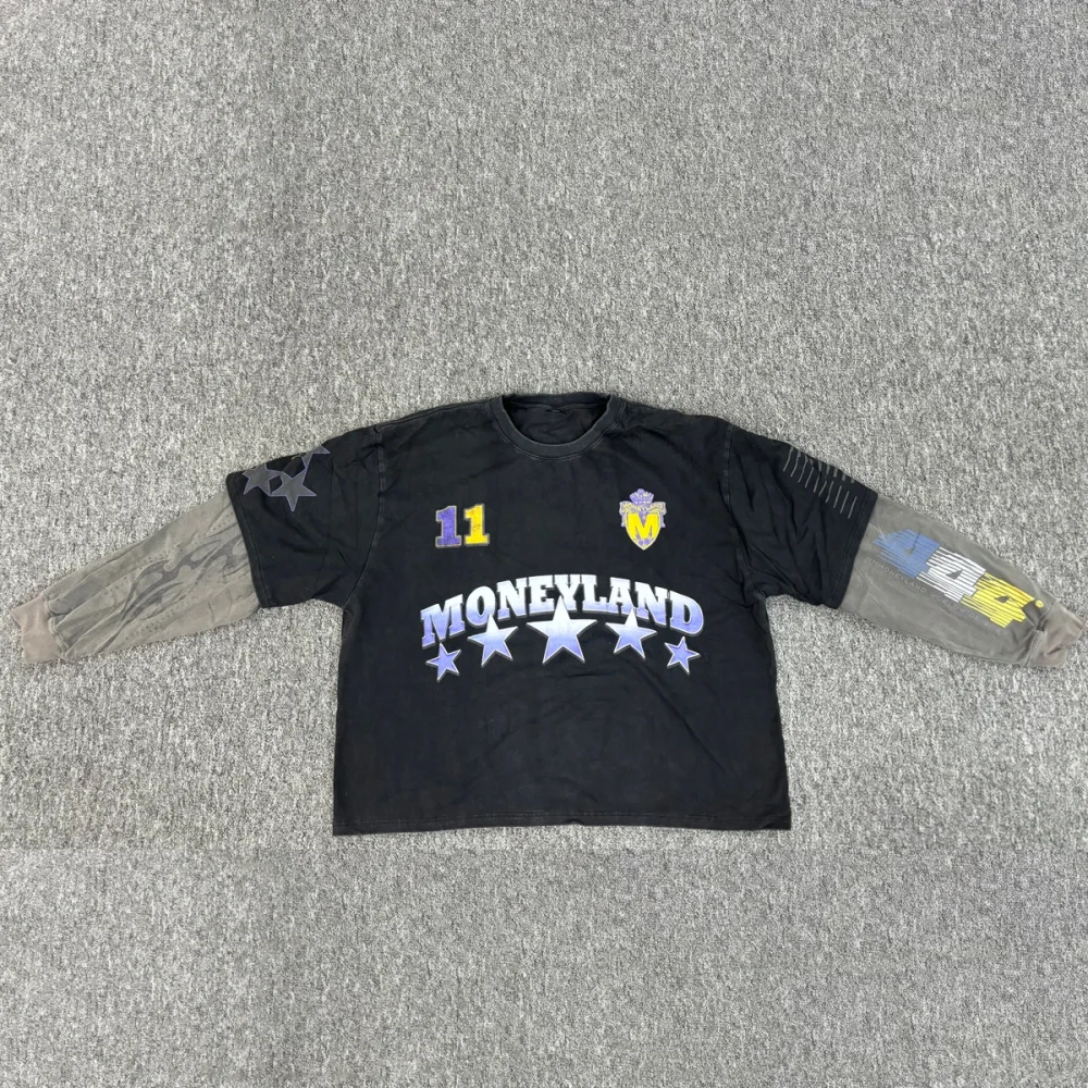 100% Cotton Acid Wash Double Layer Long Sleeve T-shirt Vintage Oversized Men's Heavy Weight Tshirts T-shirts for Men - Image 3