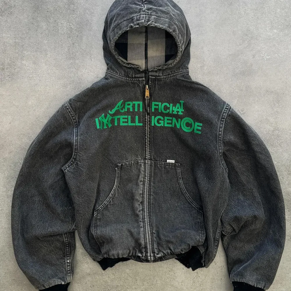 Heavyweight Acid Wash Duck Canvas Work Jacket With Hooded Zipper up Printed Distressed Crop Top Bomber Jacket Men - Image 3