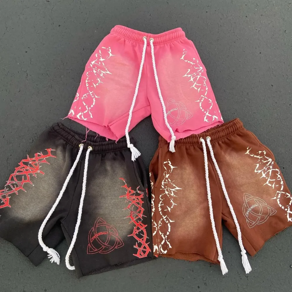 Cotton Running Sports Wear Summer Men's Shorts Screen Printing High Street Acid Wash Short Pants Drawstring Baggy Sweat Shorts