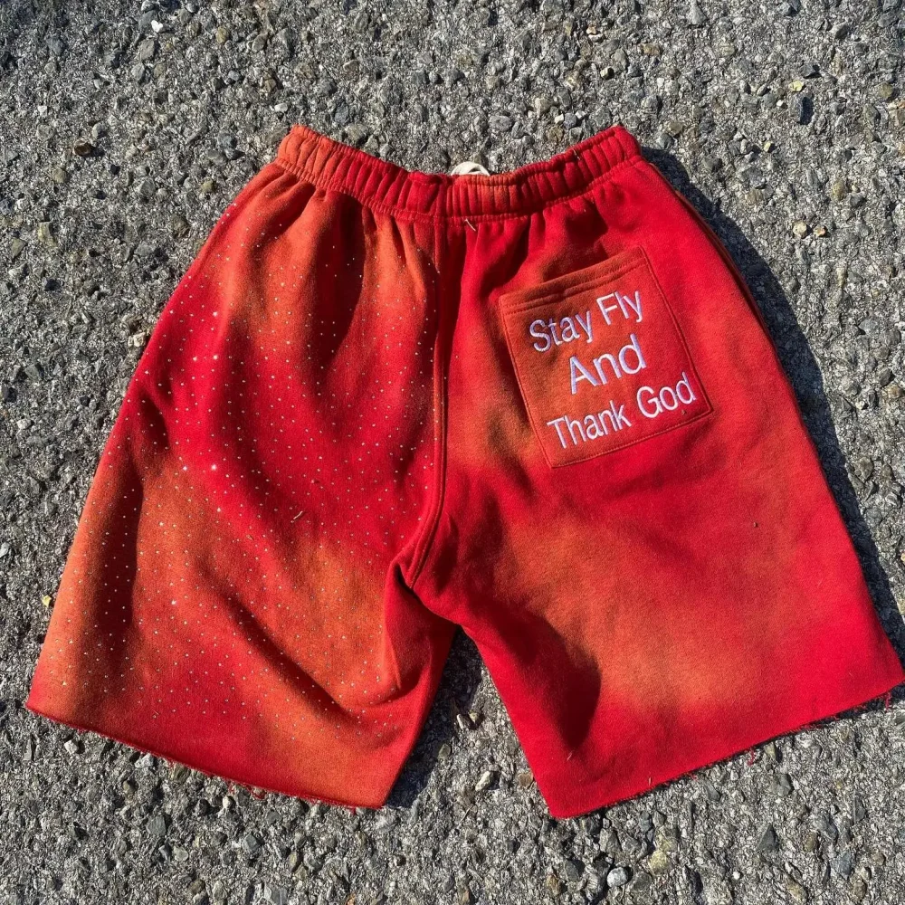 Cotton Running Sports Wear Summer Men's Shorts Rhinestone High Street Acid Wash Short Pants Drawstring Embroidery Sweat Shorts - Image 6
