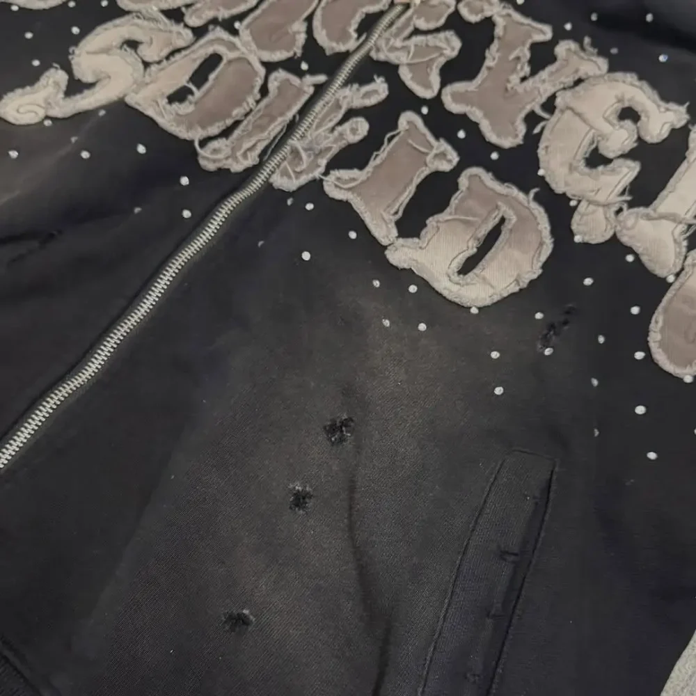 100% cotton Acid Wash Men's Hoodie  Half Zipper Heavyweight  with Applique Embroidered Screen Print  hole and Rhinestone - Image 5