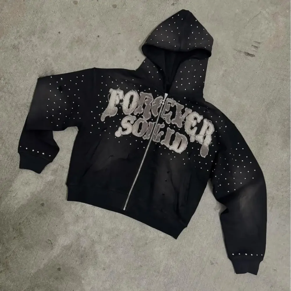 100% cotton Acid Wash Men's Hoodie  Half Zipper Heavyweight  with Applique Embroidered Screen Print  hole and Rhinestone - Image 2