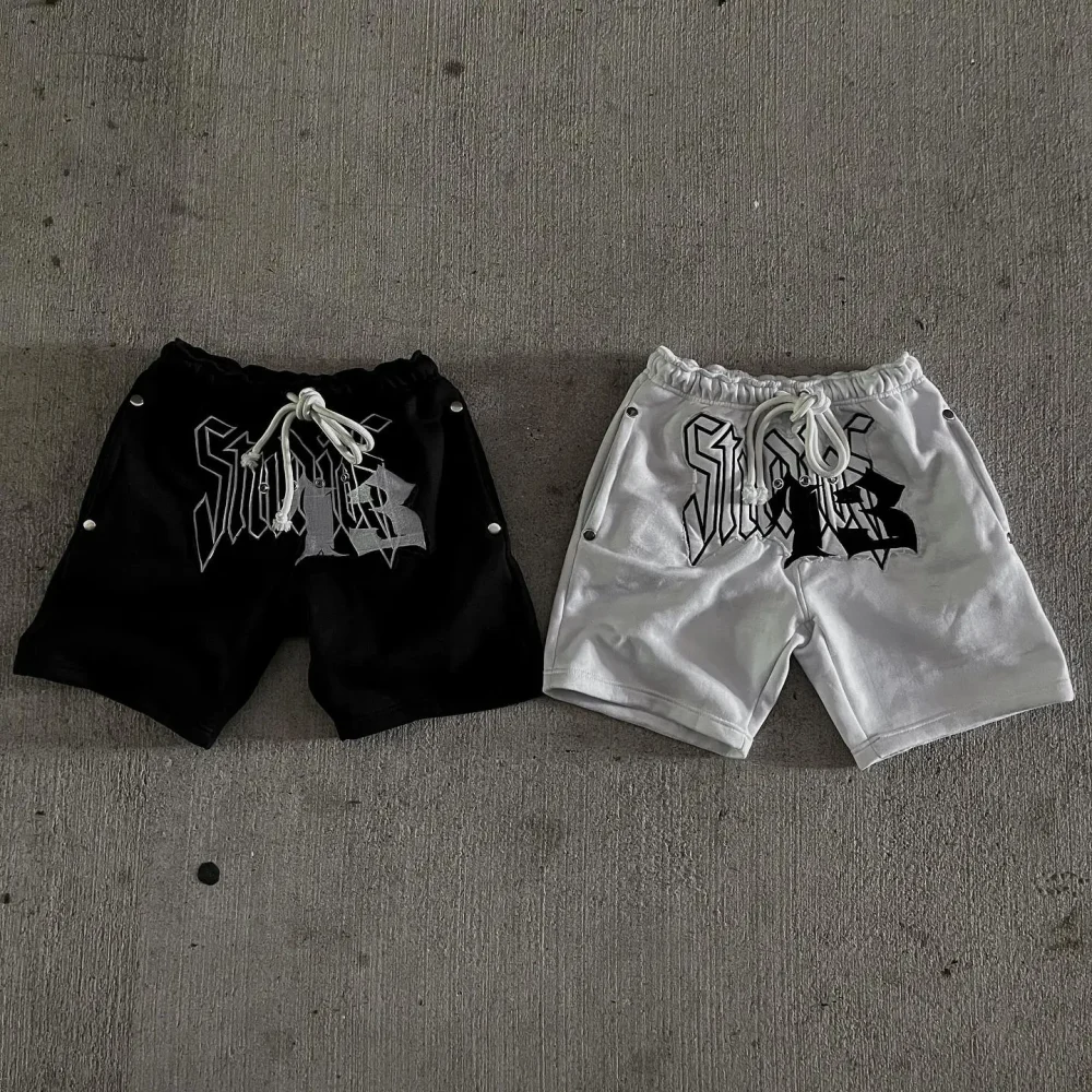 Men Streetwear Skinny Rivet Slim Fit Shorts With Tackle Twill Embroidery Sport Casual Applique Patches Shorts - Image 3
