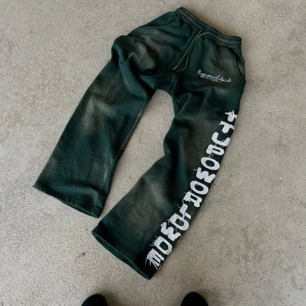 High Quality Acid Washed Vintage  Cotton Embroidery Pants Mid Drawstring Distressed Pattern Worsted