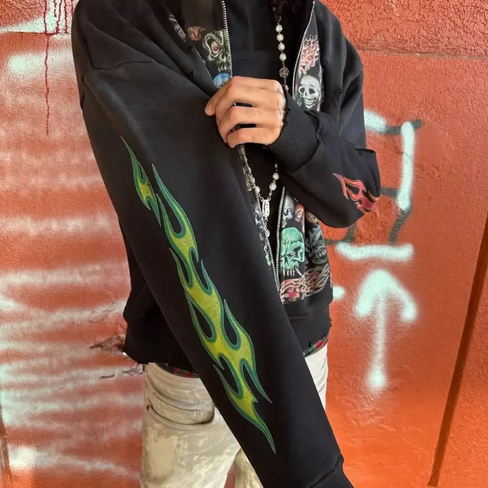 100% cotton regular fit  Streetwear  Half Zip Heavyweight DTG Print with  Flame and skull Men's Hoodie - Image 2