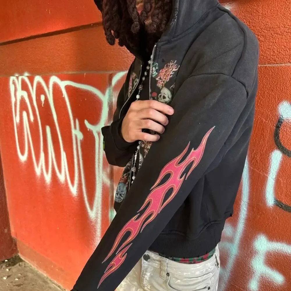 100% cotton regular fit  Streetwear  Half Zip Heavyweight DTG Print with  Flame and skull Men's Hoodie