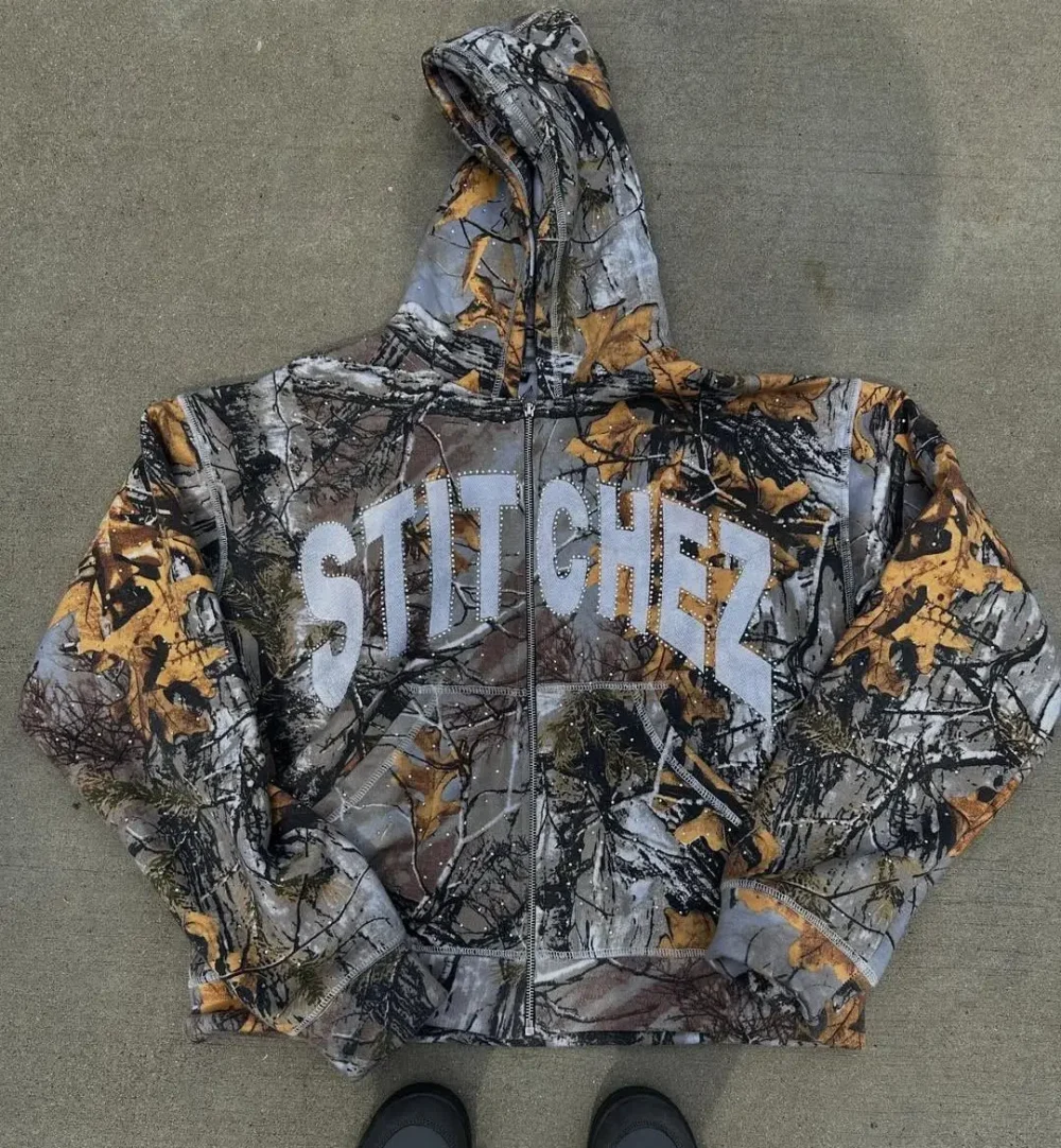 Designer Clothing Screen Print Zip up Hoodie Gsm Embroidery Leaf Camo Hoodie Camo Streetwear Hoodie