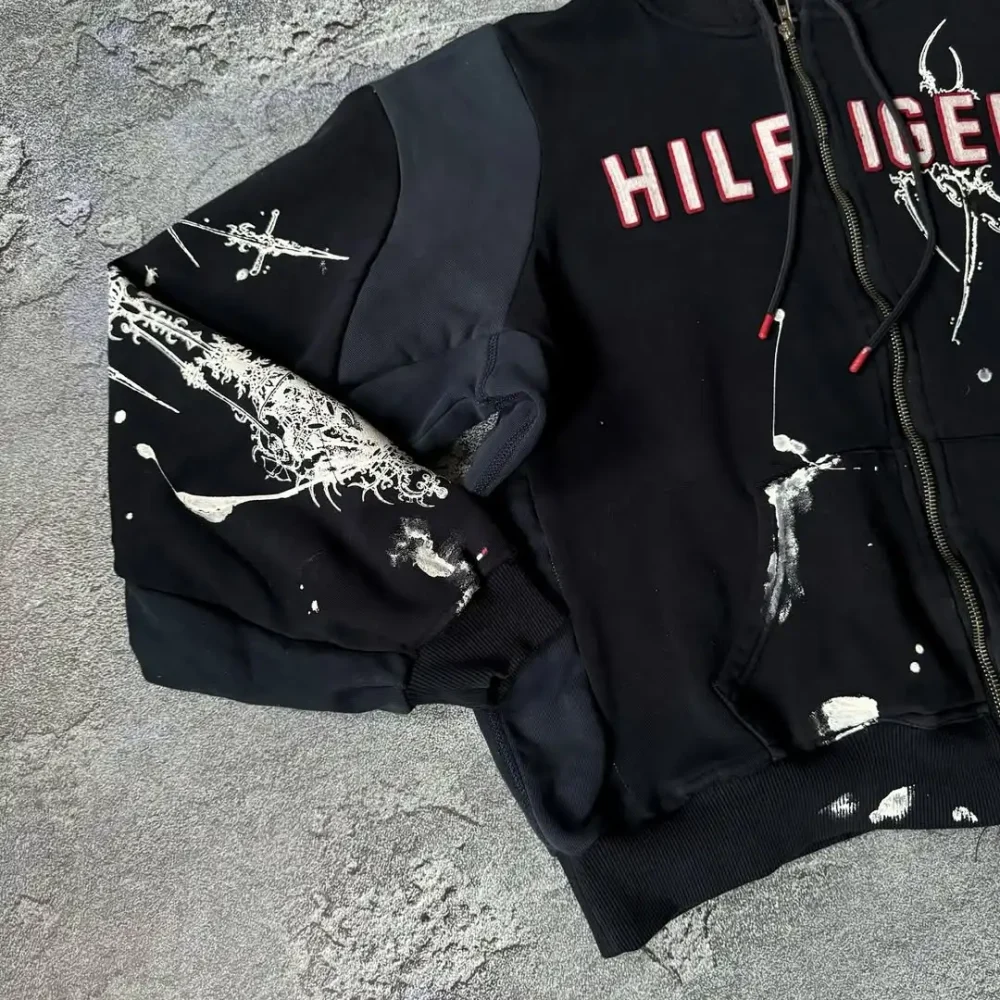 100% cotton  Men's Patchwork Hoodie in Street Style Half Zipper Heavyweight of 400 Grams with Screen Print