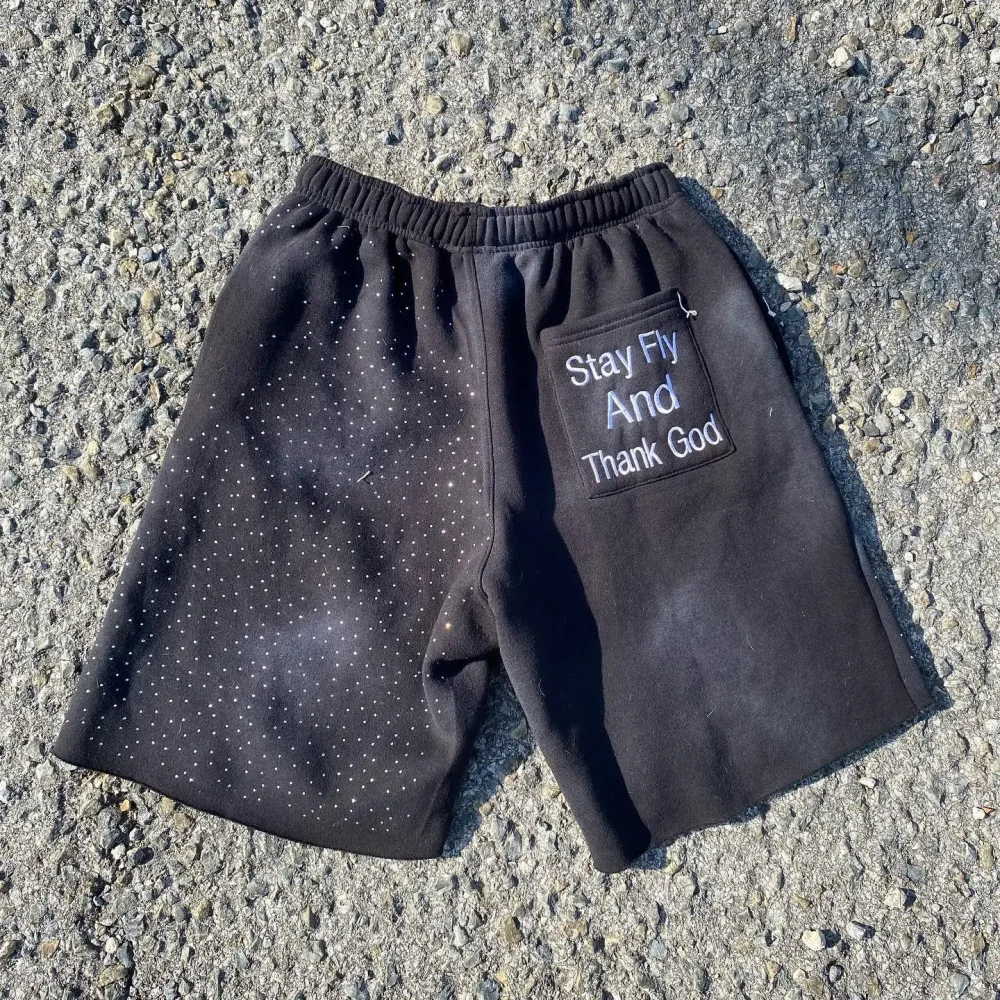 Cotton Running Sports Wear Summer Men's Shorts Rhinestone High Street Acid Wash Short Pants Drawstring Embroidery Sweat Shorts - Image 5