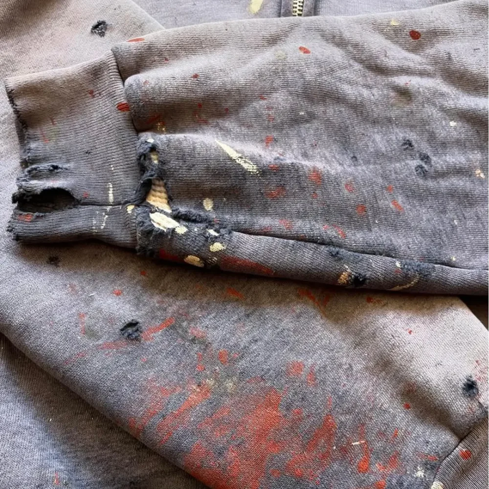 100% cotton regular fit  Streetwear  Half Zip Heavyweight of 400 Grams Acid Washed with Hole Vintage Men's Hoodie - Image 5