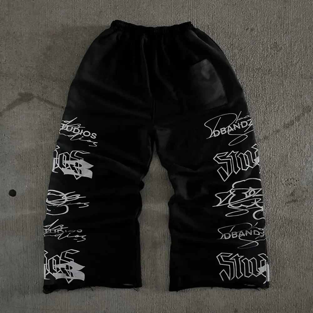 Adjustable Drawstring Elastic High Waist Men Jogging Pants Loose Cotton Heavyweight Sweatpants Baggy Letter Embroidery Joggers - Image 2
