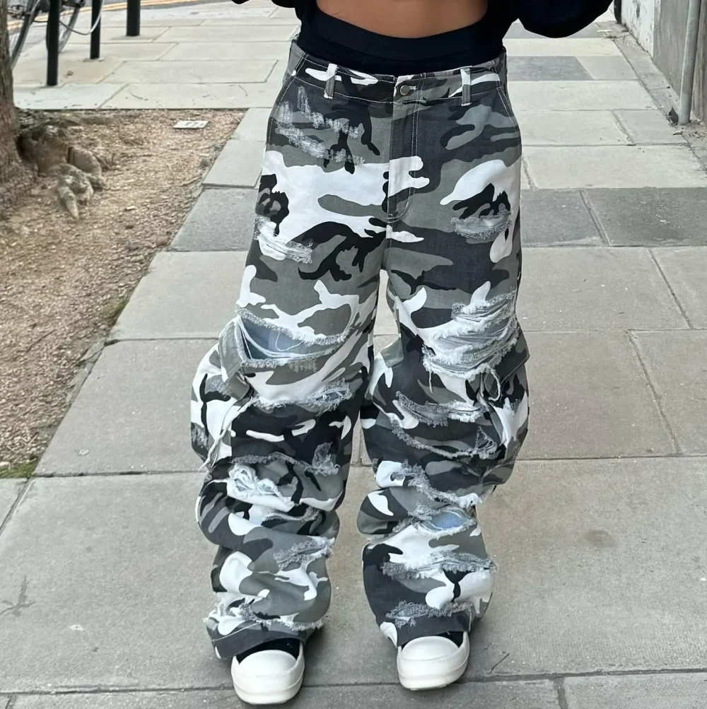 Distressed Ripped Outdoor Tactical Hunting  Working Camo Stacked Carpenter Men Camouflage Cavana Cargo Pants - Image 2