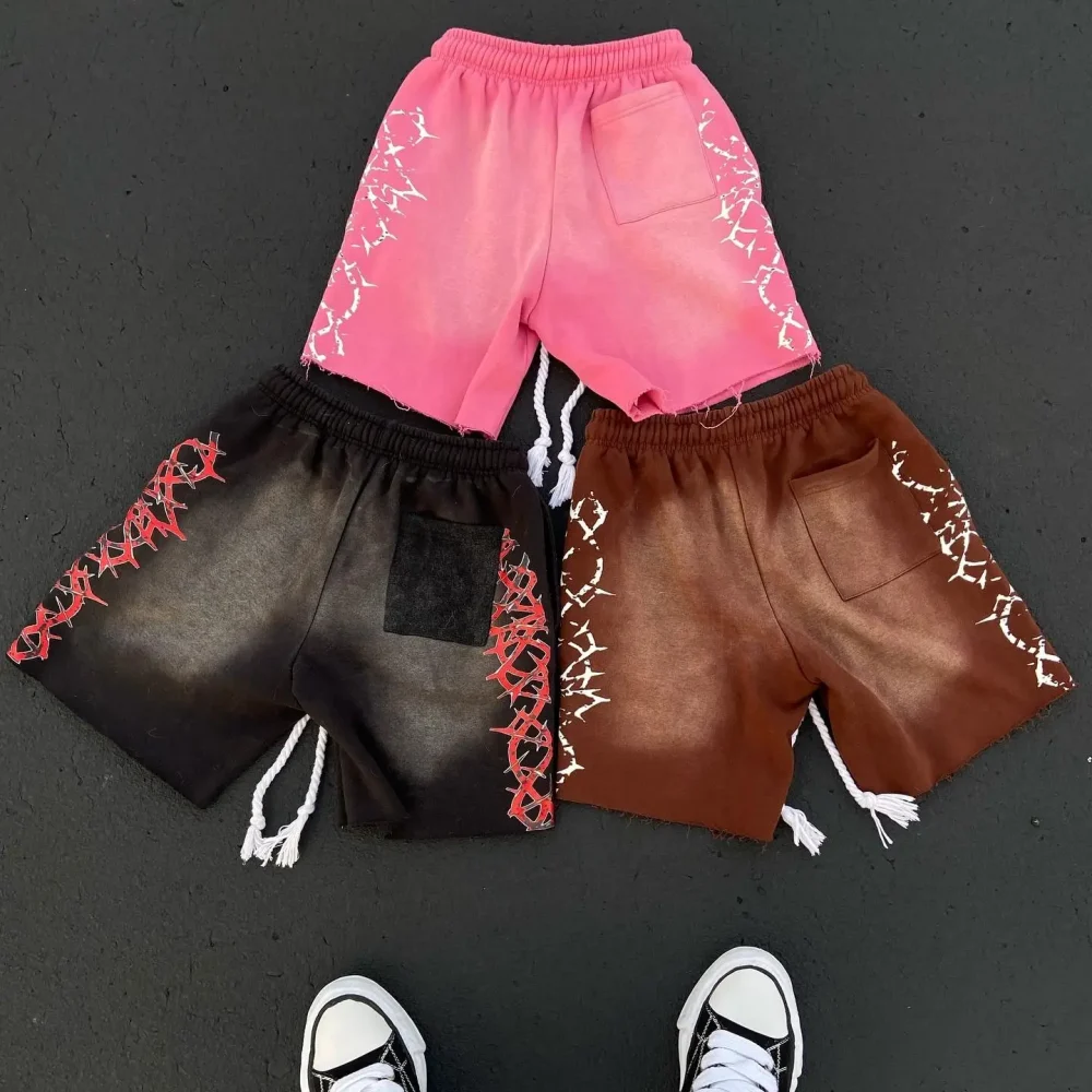 Cotton Running Sports Wear Summer Men's Shorts Screen Printing High Street Acid Wash Short Pants Drawstring Baggy Sweat Shorts - Image 3