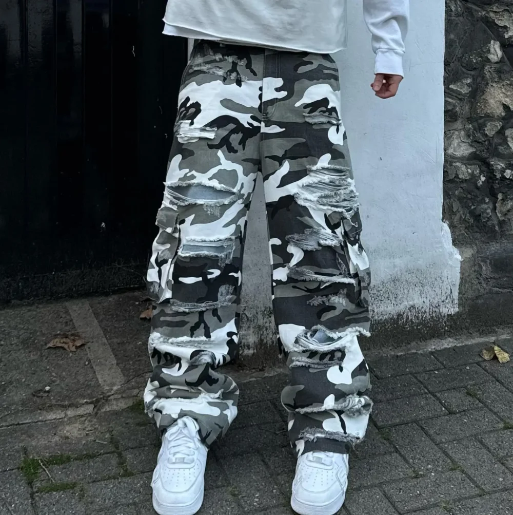 Distressed Ripped Outdoor Tactical Hunting  Working Camo Stacked Carpenter Men Camouflage Cavana Cargo Pants