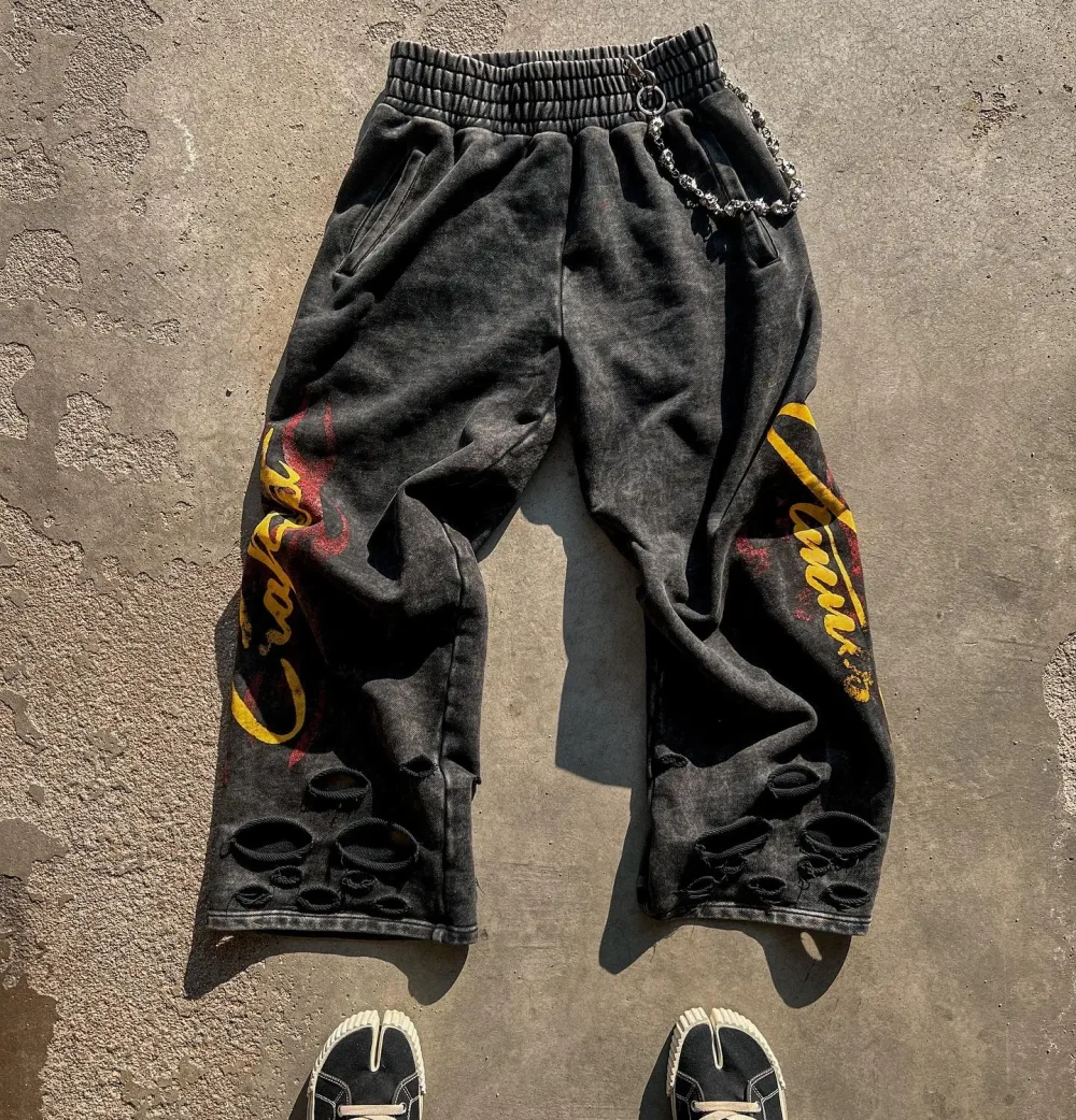 High Quality Acid Washed Vintage Cotton Embroidery Pants Mid Drawstring Distressed Ripped Pattern Worsted