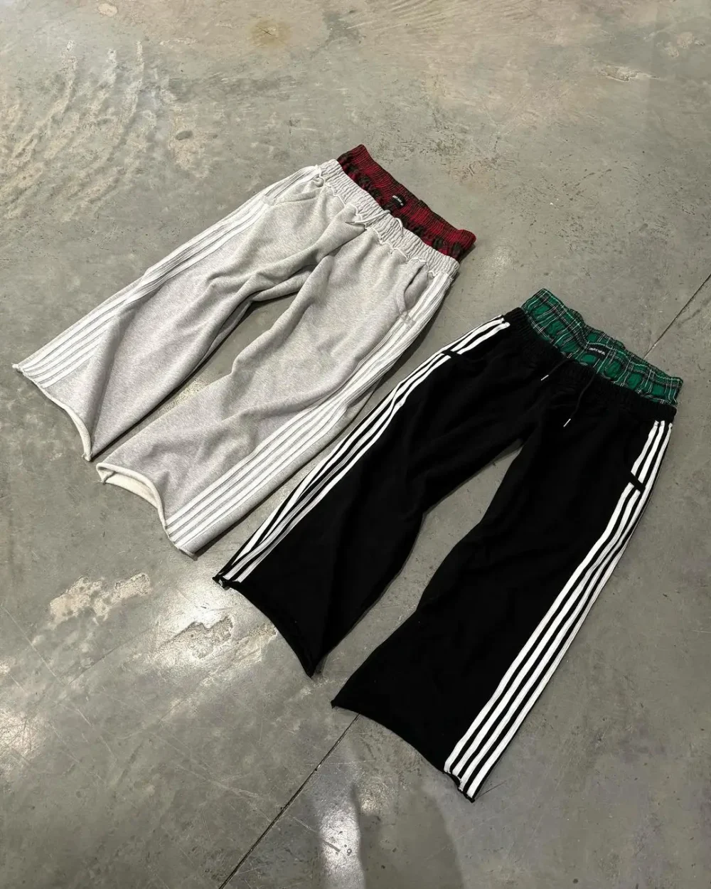 Double Waisted Loose Oversized Flared Pants Side Stripe Stacked Plaid Elastic Waist Closure High Waist Sweatpants