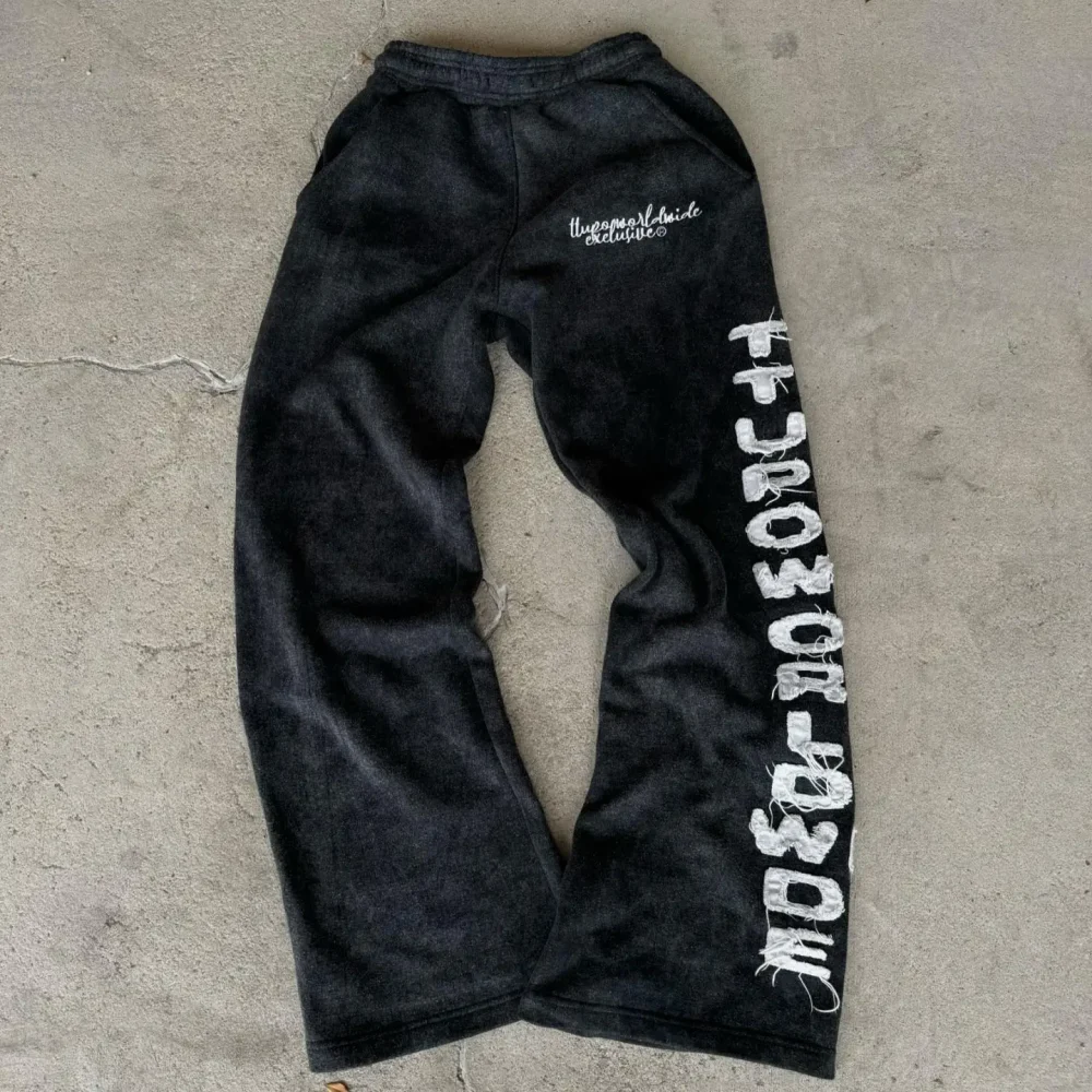 100% Cotton Training French Terry Embroidery Patch Heavyweight Elastic Waist Acid Wash Sun Faded Track Pants Sweat Pants - Image 2