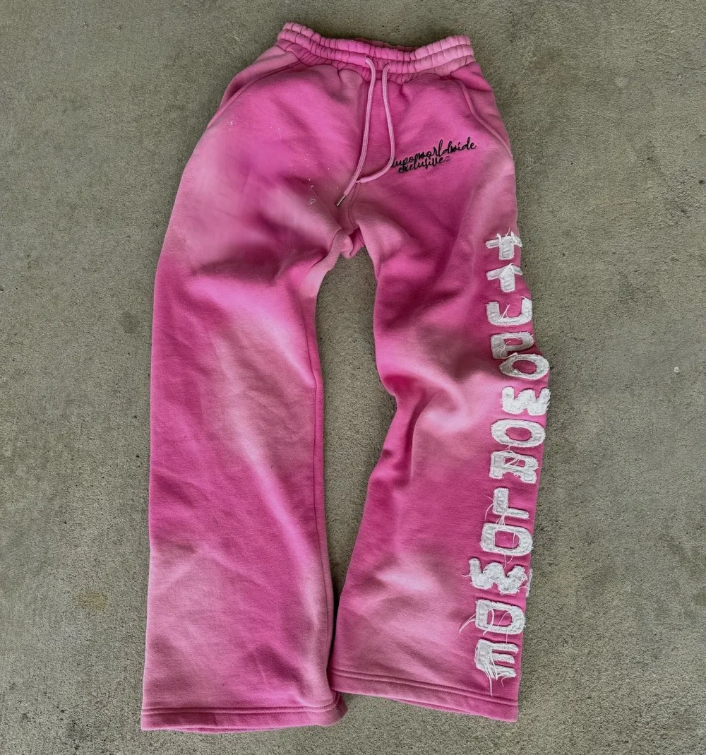 100% Cotton Training French Terry Embroidery Patch Heavyweight Elastic Waist Acid Wash Sun Faded Track Pants Sweat Pants - Image 4