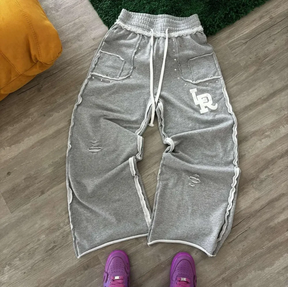 Baggy Wide Leg Classic High Quality  Stack Track Sweatpants Cropped Raw Hem Jogger Rivet 100% Cotton Sweat Pant Men