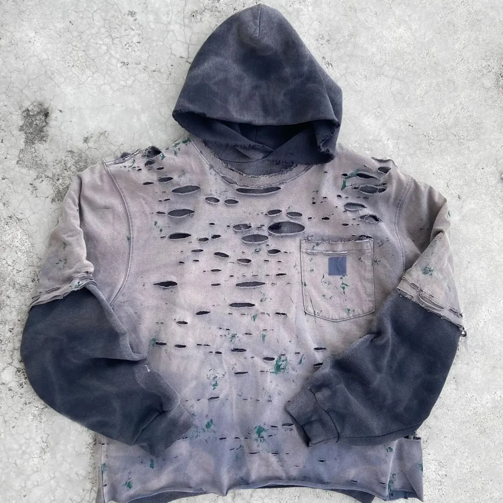 Double Layered  Distressed Ripped Sun Faded Hoodie 100% Cotton Heavyweight Acid Wash Vintage French Terry Hoodie - Image 2
