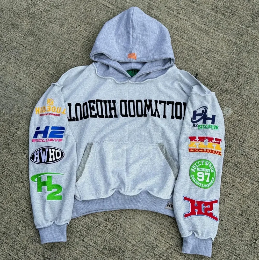 30MOQ Embroidery Patch 100% Cotton Contrast French Terry High Quality  Woven Tag Men Hooded Hoodies Unisex