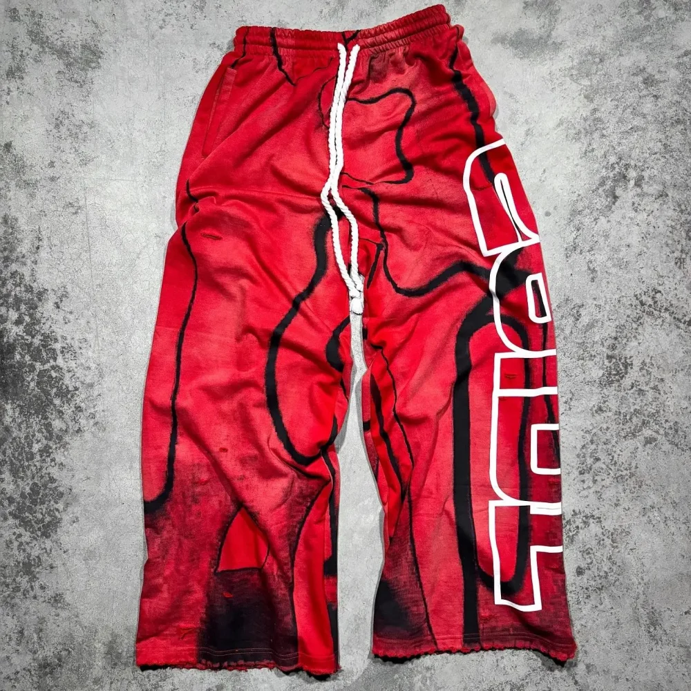 Men Pants Digital Printed High Quality 100% Cotton Heavyweight Sun Faded Acid Wash Stacked Baggy Fit Sweatpants for Men