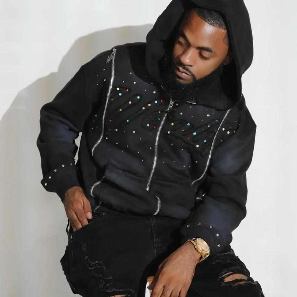 30MOQ High Quality 100%cotton Sun Faded Rhinestone Stone Wash  Men's Full Zip up Vintage Wash Print Acid Wash Hoodie