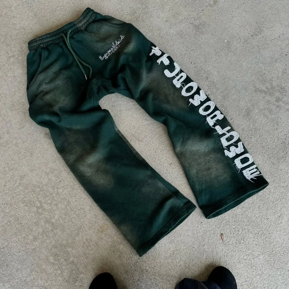 High Quality Acid Washed Vintage  Cotton Embroidery Pants Mid Drawstring Distressed Pattern Worsted - Image 2