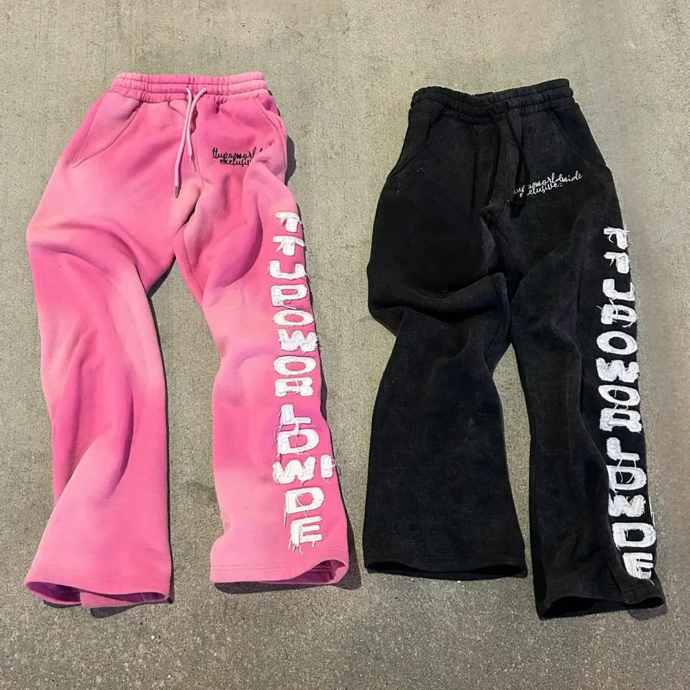 100% Cotton Training French Terry Embroidery Patch Heavyweight Elastic Waist Acid Wash Sun Faded Track Pants Sweat Pants
