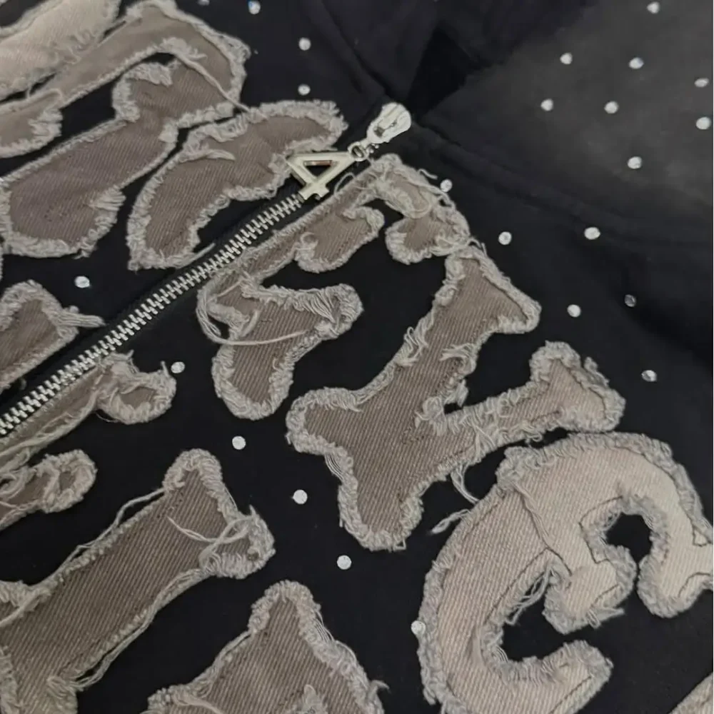 100% cotton Acid Wash Men's Hoodie  Half Zipper Heavyweight  with Applique Embroidered Screen Print  hole and Rhinestone - Image 3