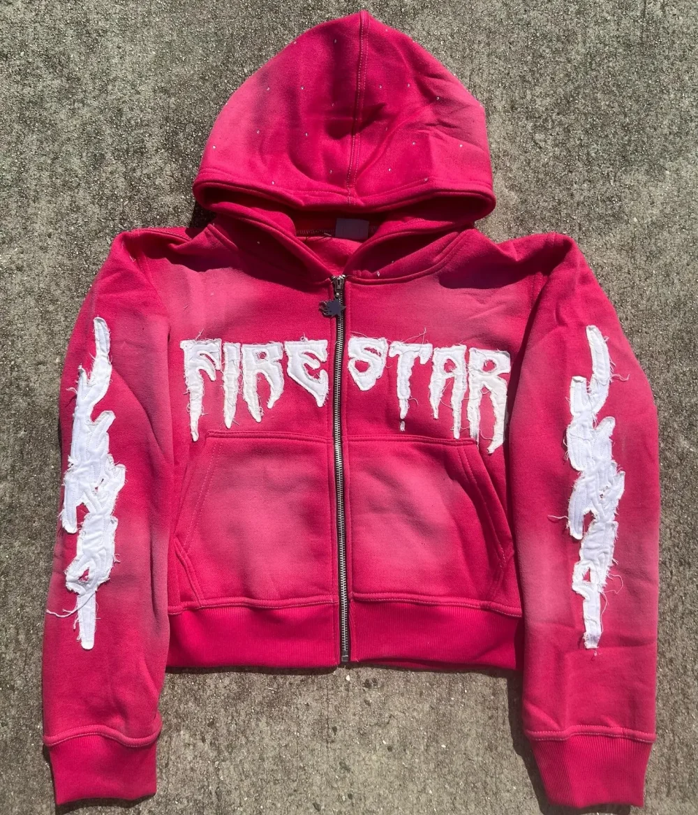 Embroidery 100% Cotton Full Zip up French Terry High Quality Acid Washed Woven Tag Rhinestone Men Hoodies