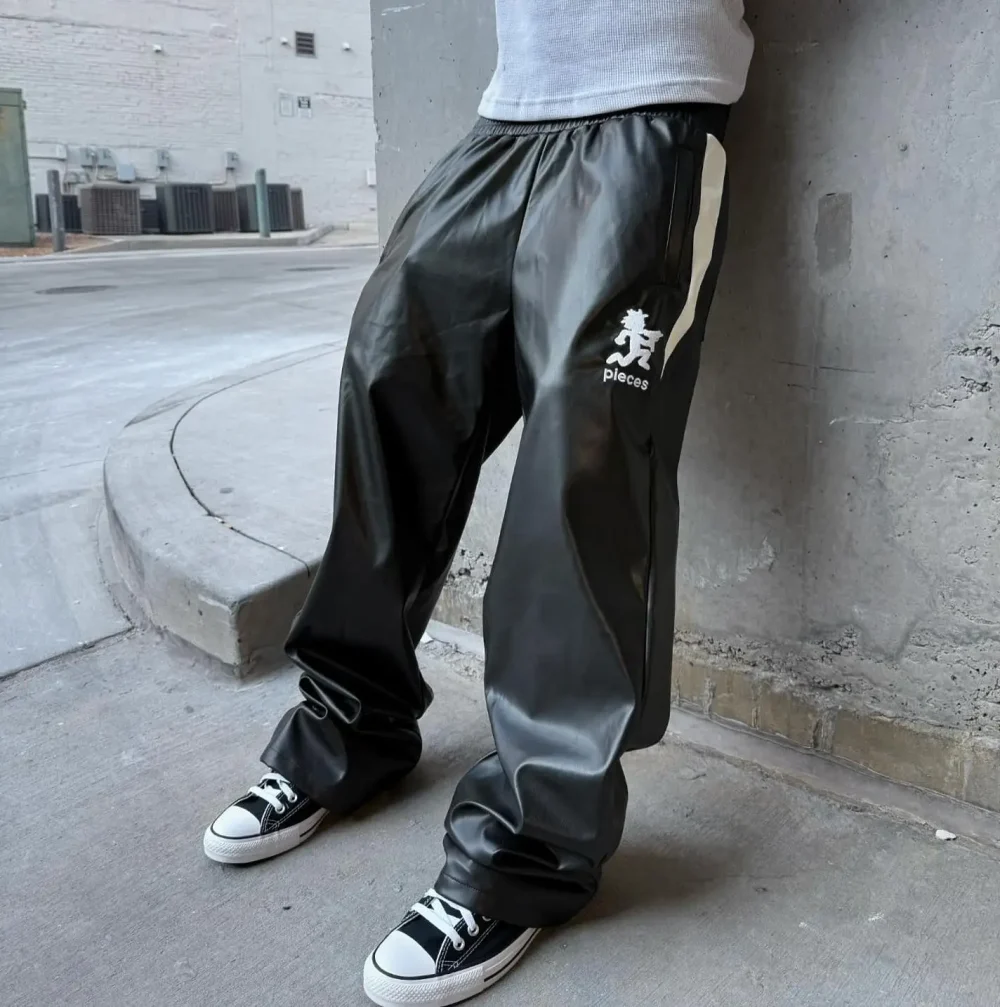 Classic Streetwear Style Elastic Waist Unisex Pants  Men Wide Leg Baggy  Leather Hip Hop Trendy Pants