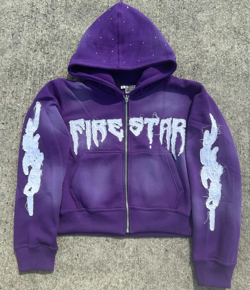 Embroidery 100% Cotton Full Zip up French Terry High Quality Acid Washed Woven Tag Rhinestone Men Hoodies - Image 2