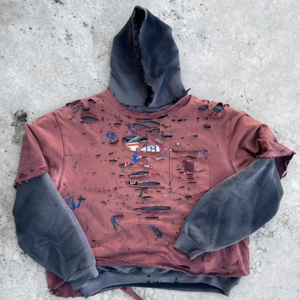 Double Layered  Distressed Ripped Sun Faded Hoodie 100% Cotton Heavyweight Acid Wash Vintage French Terry Hoodie