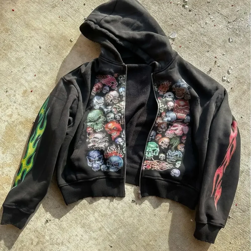 100% cotton regular fit  Streetwear  Half Zip Heavyweight DTG Print with  Flame and skull Men's Hoodie - Image 5