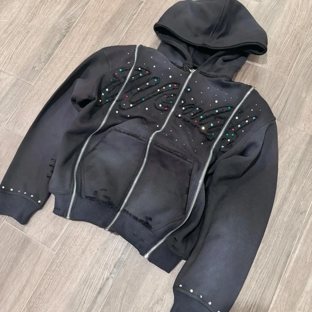 30MOQ High Quality 100%cotton Sun Faded Rhinestone Stone Wash  Men's Full Zip up Vintage Wash Print Acid Wash Hoodie - Image 2